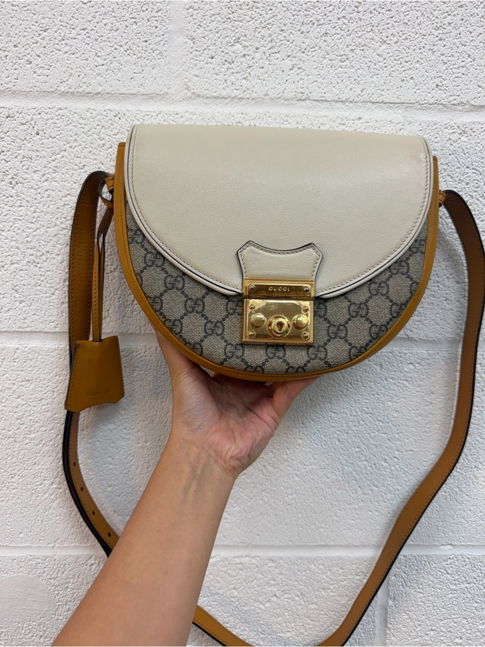 Gucci Cream, Brown & Tan GG Supreme Saddle Crossbody Bag